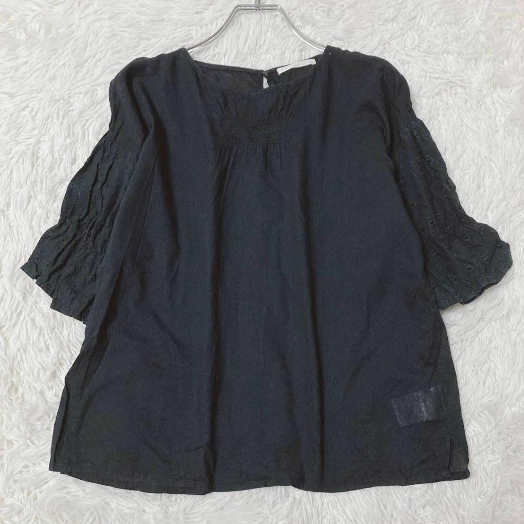 Ehekasopo Lace Blouse Puff Sleeves Front Shirring 100% Cotton Black