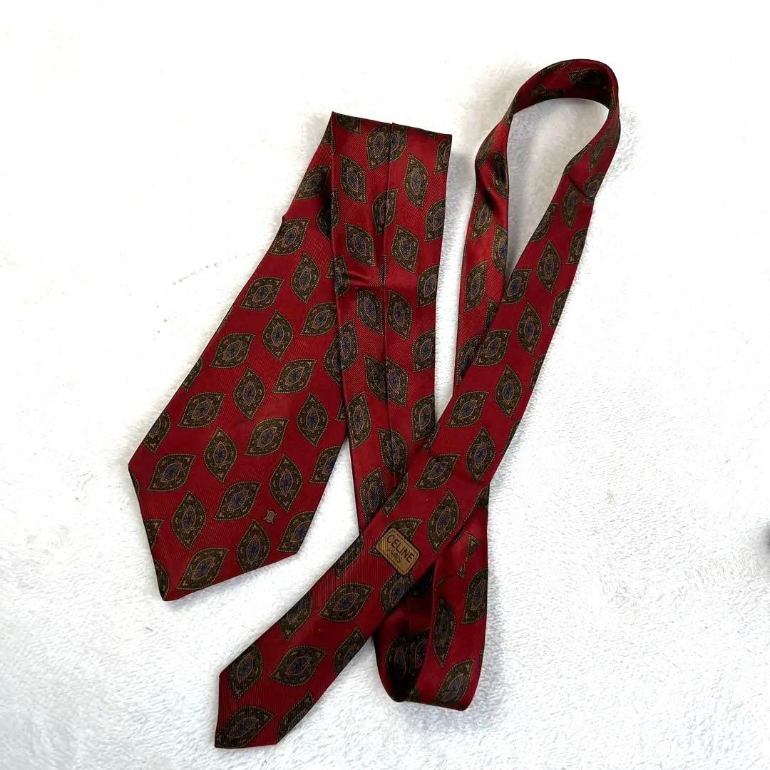 CELINE PARIS 100% Silk Tie All Over Pattern Paisley Red