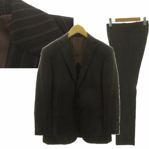 Vintage Double Breasted Suit Silk Japan | ABAHOUSE Striped Suit 0051070003 Tailored Jacket Single 2B Pants Slacks No Tuck Double Hem Dark Brown Gray 1 Men's 260509