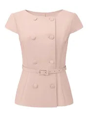 Hobemty Women's Vintage Blouse Button Down Cap Sleeve Boat Neck Business Office Peplum Tops with Belt Pink 2XL