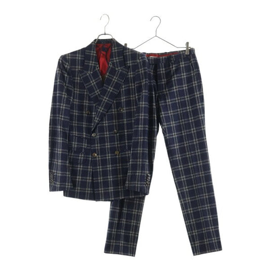 Vintage Gucci Mens Double Breasted Suit Silk Japan | GUCCI Size: 7-44R Setup Suit Check All Over Wool Double Breasted Tailored Jacket Slacks Pants Navy 553U12