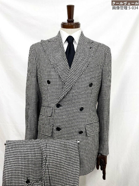 Super beautiful item 100% wool double 6 button suit (men's) size 46/DROP7 White x black houndstooth pattern 35RMS3320