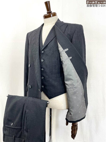 Super beautiful item [ARC ARC] Double 4 button peak lapel 3-piece suit (men's) size 44-46 equivalent Charcoal gray striped pattern★35RMS3788★