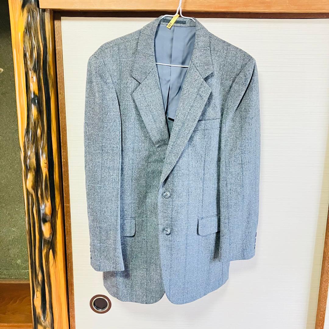 Japanese wool jacket gray blue plaid pattern cleaned A6 size