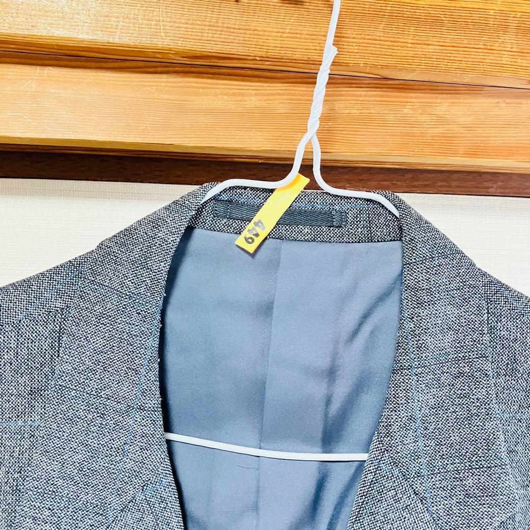 Japanese wool jacket gray blue plaid pattern cleaned A6 size