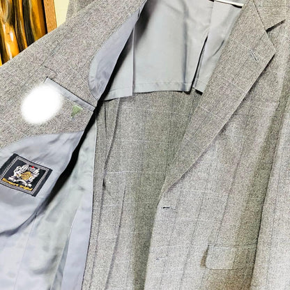 Japanese wool jacket gray blue plaid pattern cleaned A6 size