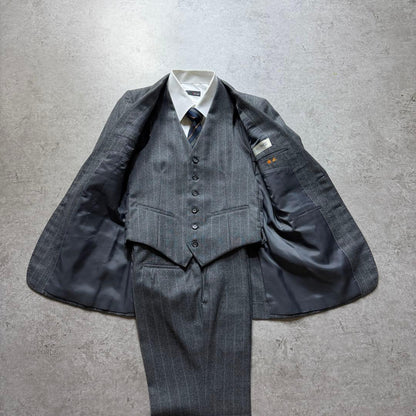 Men's Vintage Gray Striped Three-piece Setup Suit M