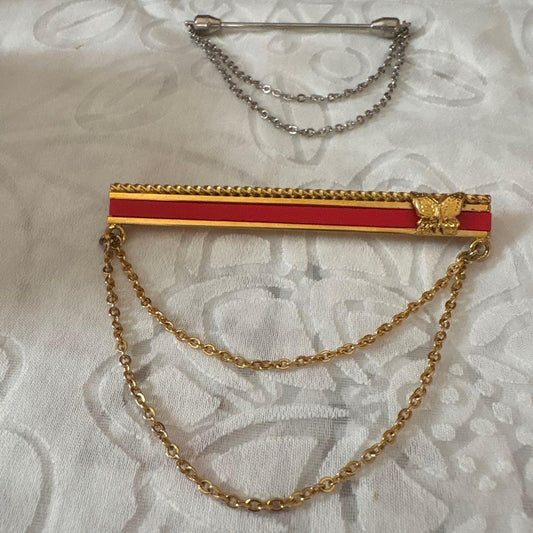 ⁠[Showa Retro] Bar brooch with chain 2 piece set Collar decoration/Color pin