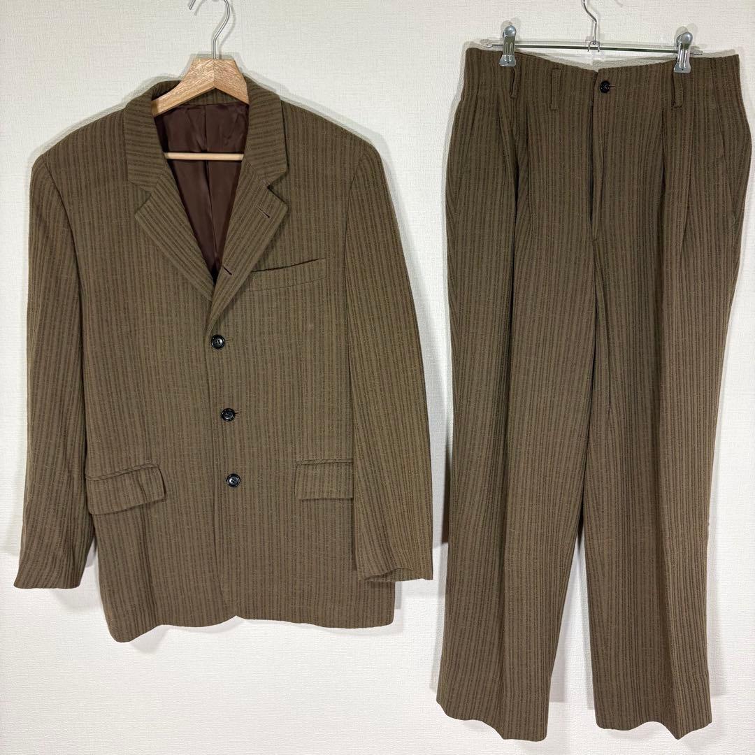 Rare 90s Vintage Tet Homme Vertical Striped Woven Wool Setup M Brown