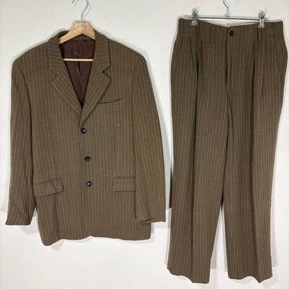 Rare 90s Vintage Tet Homme Vertical Striped Woven Wool Setup M Brown