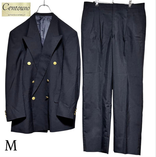Gold button suit setup double jacket navy blue M