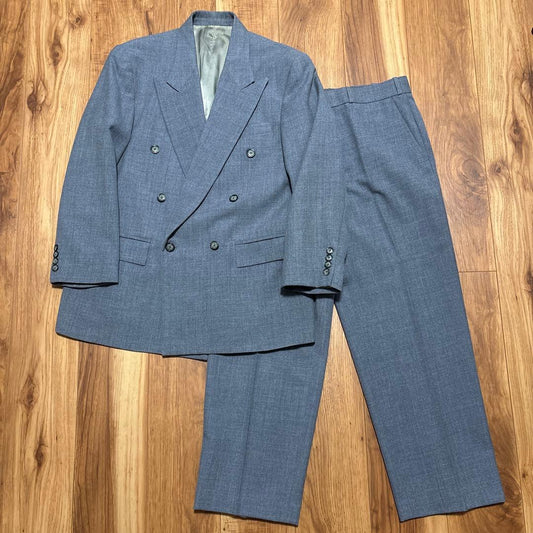 Vintage Double Breasted Setup Suit Blue Gray 70~80'S