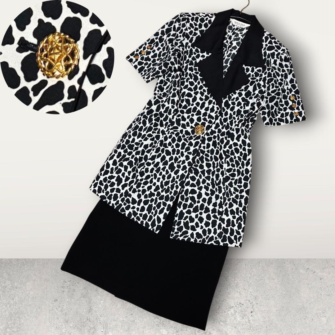 Showa Retro Setup Bubbly Suit Flashy Gold Button Leopard Print Black and White M