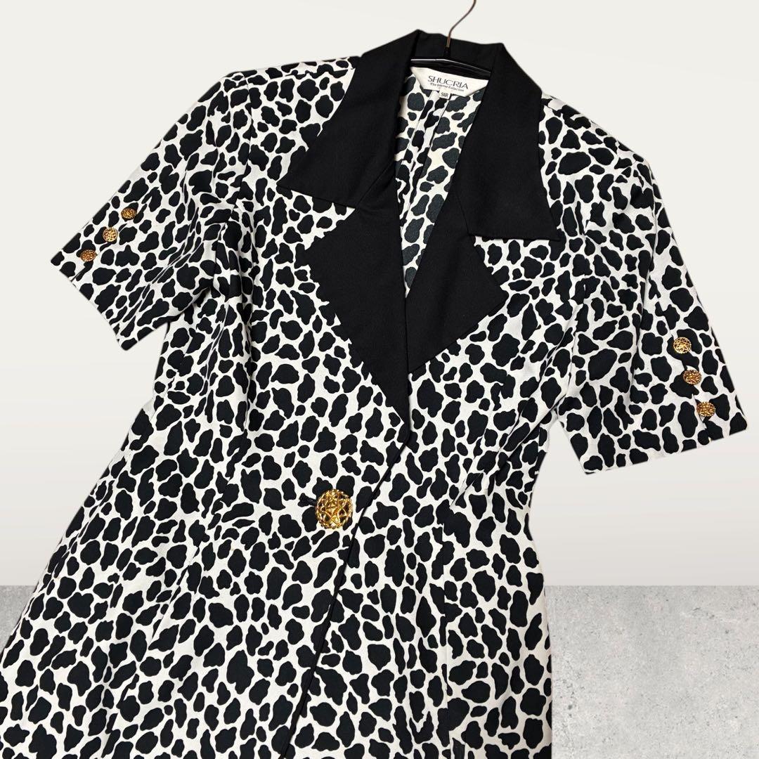 Showa Retro Setup Bubbly Suit Flashy Gold Button Leopard Print Black and White M