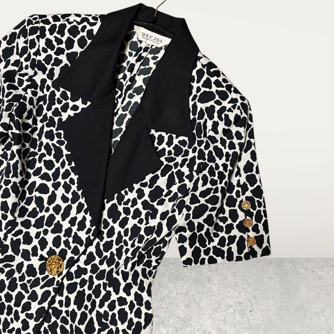 Showa Retro Setup Bubbly Suit Flashy Gold Button Leopard Print Black and White M