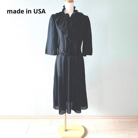 80s Made in USA Ruffle Collar Pleated Collar One Piece Dress Black N255