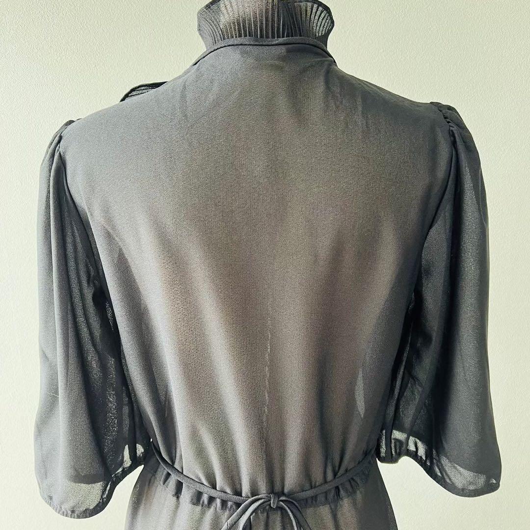 80s Made in USA Ruffle Collar Pleated Collar One Piece Dress Black N255