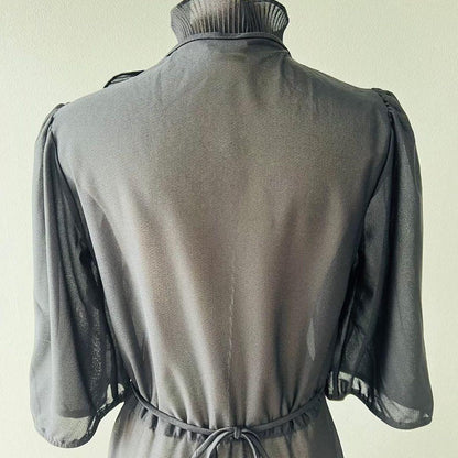 80s Made in USA Ruffle Collar Pleated Collar One Piece Dress Black N255