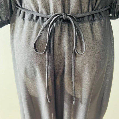 80s Made in USA Ruffle Collar Pleated Collar One Piece Dress Black N255