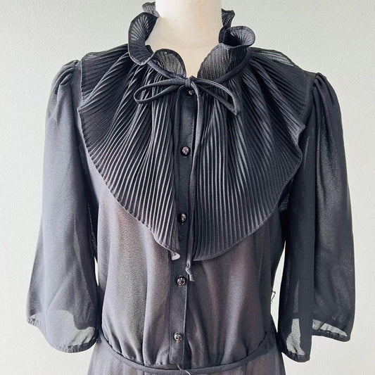 80s Made in USA Ruffle Collar Pleated Collar One Piece Dress Black N255