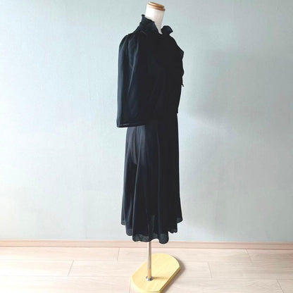 80s Made in USA Ruffle Collar Pleated Collar One Piece Dress Black N255