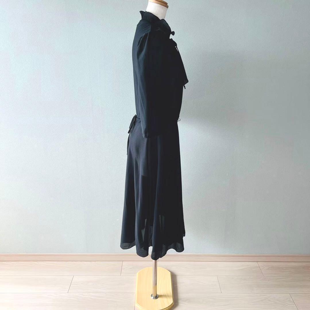 80s Made in USA Ruffle Collar Pleated Collar One Piece Dress Black N255