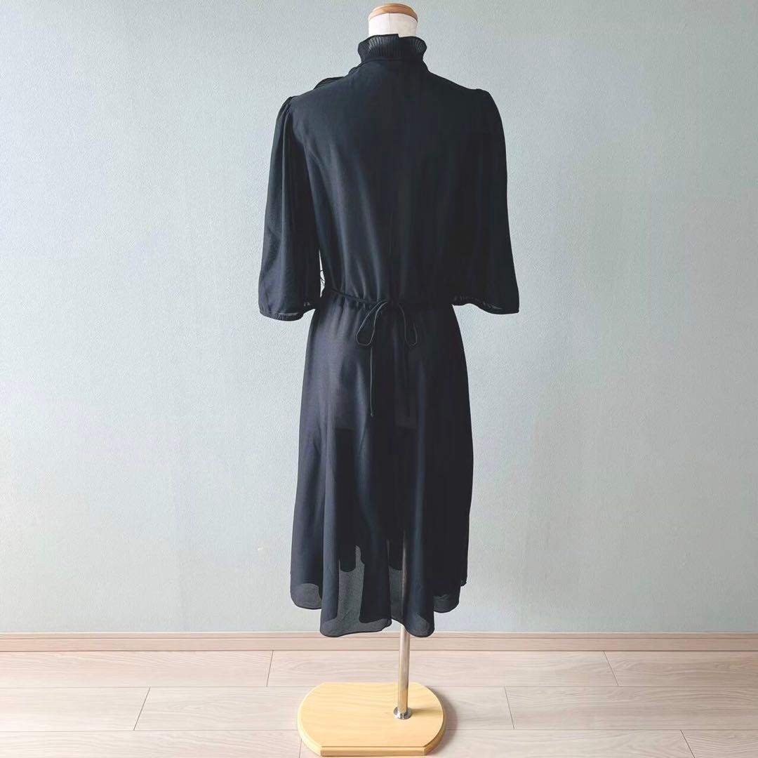 80s Made in USA Ruffle Collar Pleated Collar One Piece Dress Black N255