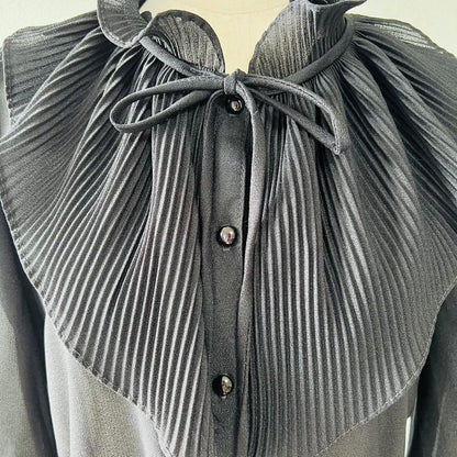 80s Made in USA Ruffle Collar Pleated Collar One Piece Dress Black N255