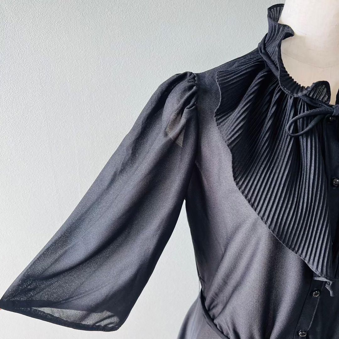 80s Made in USA Ruffle Collar Pleated Collar One Piece Dress Black N255