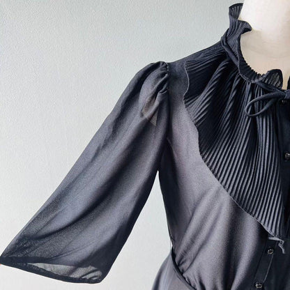 80s Made in USA Ruffle Collar Pleated Collar One Piece Dress Black N255