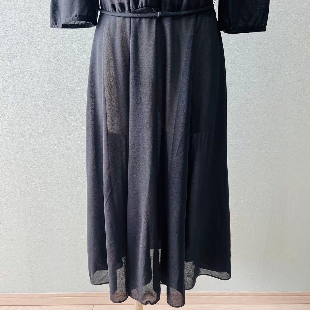 80s Made in USA Ruffle Collar Pleated Collar One Piece Dress Black N255