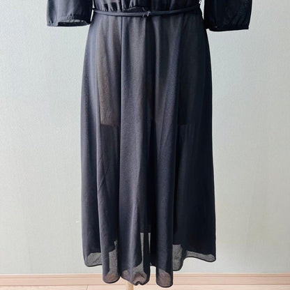 80s Made in USA Ruffle Collar Pleated Collar One Piece Dress Black N255