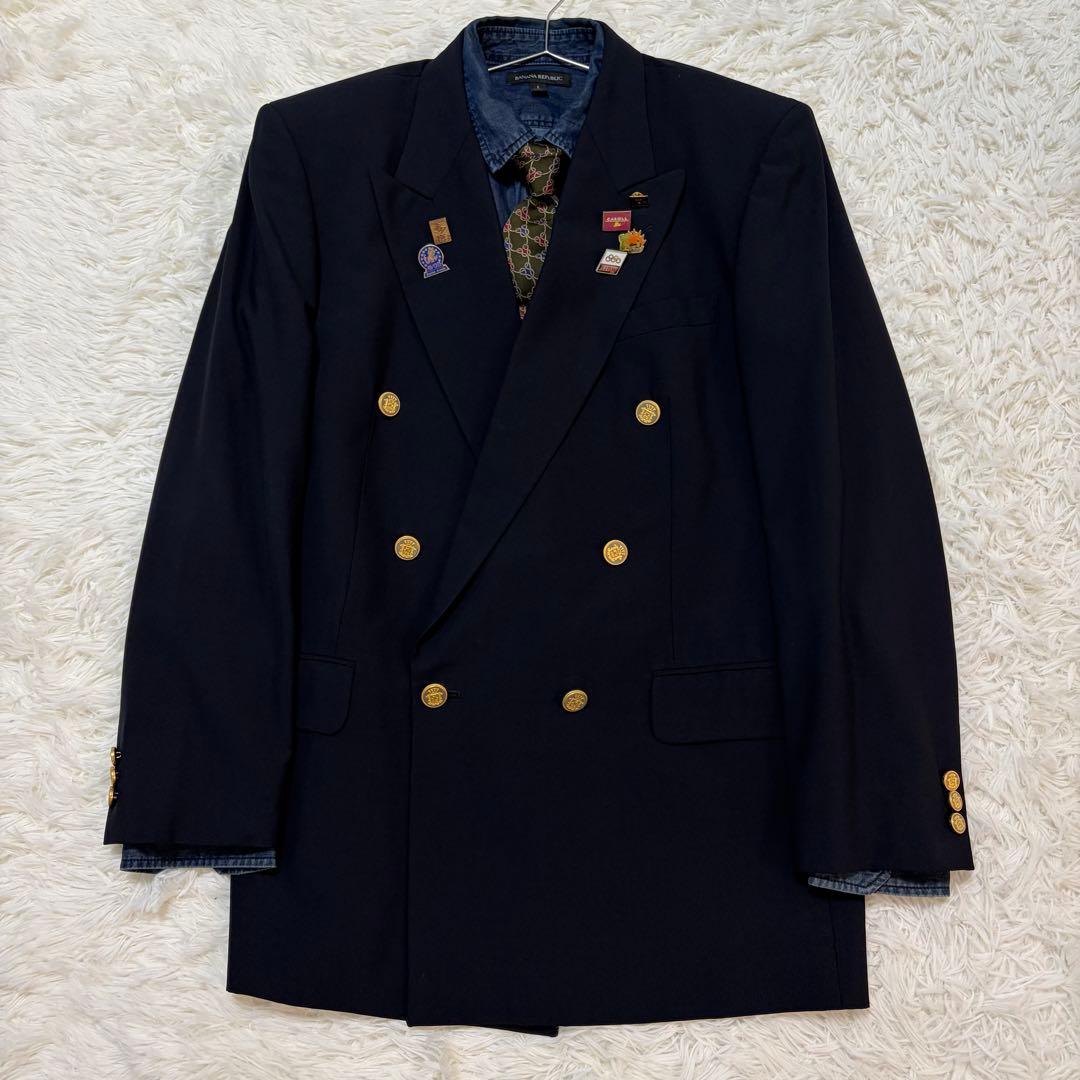 [Luxurious 4-piece set] Burberry's tie, navy blue, double set, gold buttons