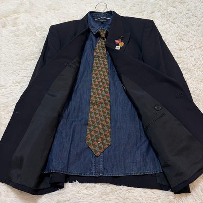 [Luxurious 4-piece set] Burberry's tie, navy blue, double set, gold buttons