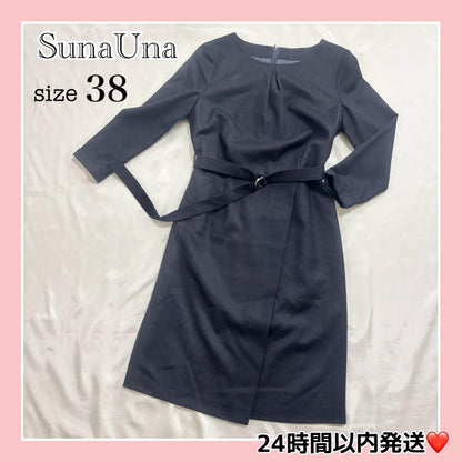Suna Luna⭐ [Washable] One-piece dress with belt, formal three-quarter sleeves, M size