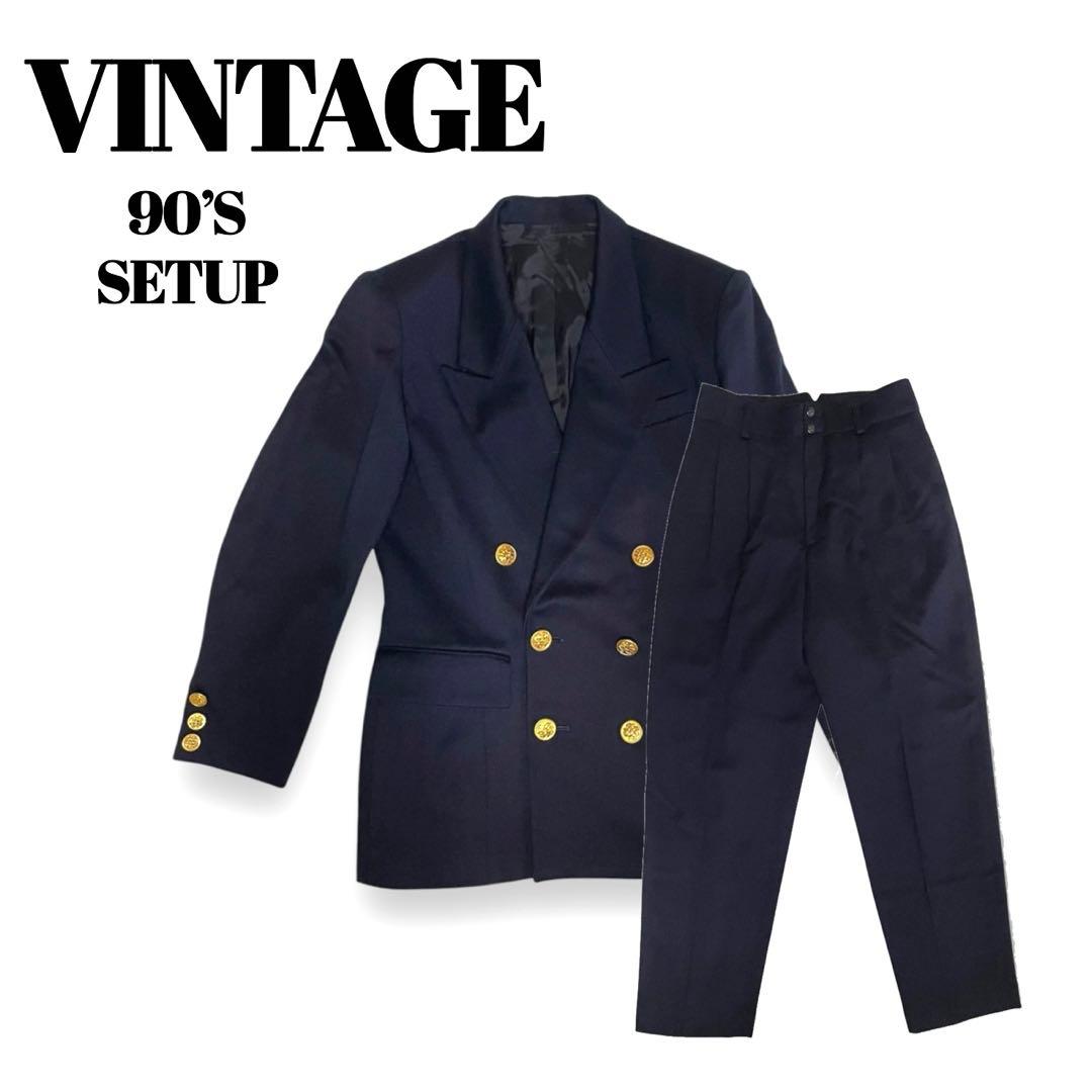 Vintage｜90’s Wool Navy Blue Setup Double Suit Gold Buttons