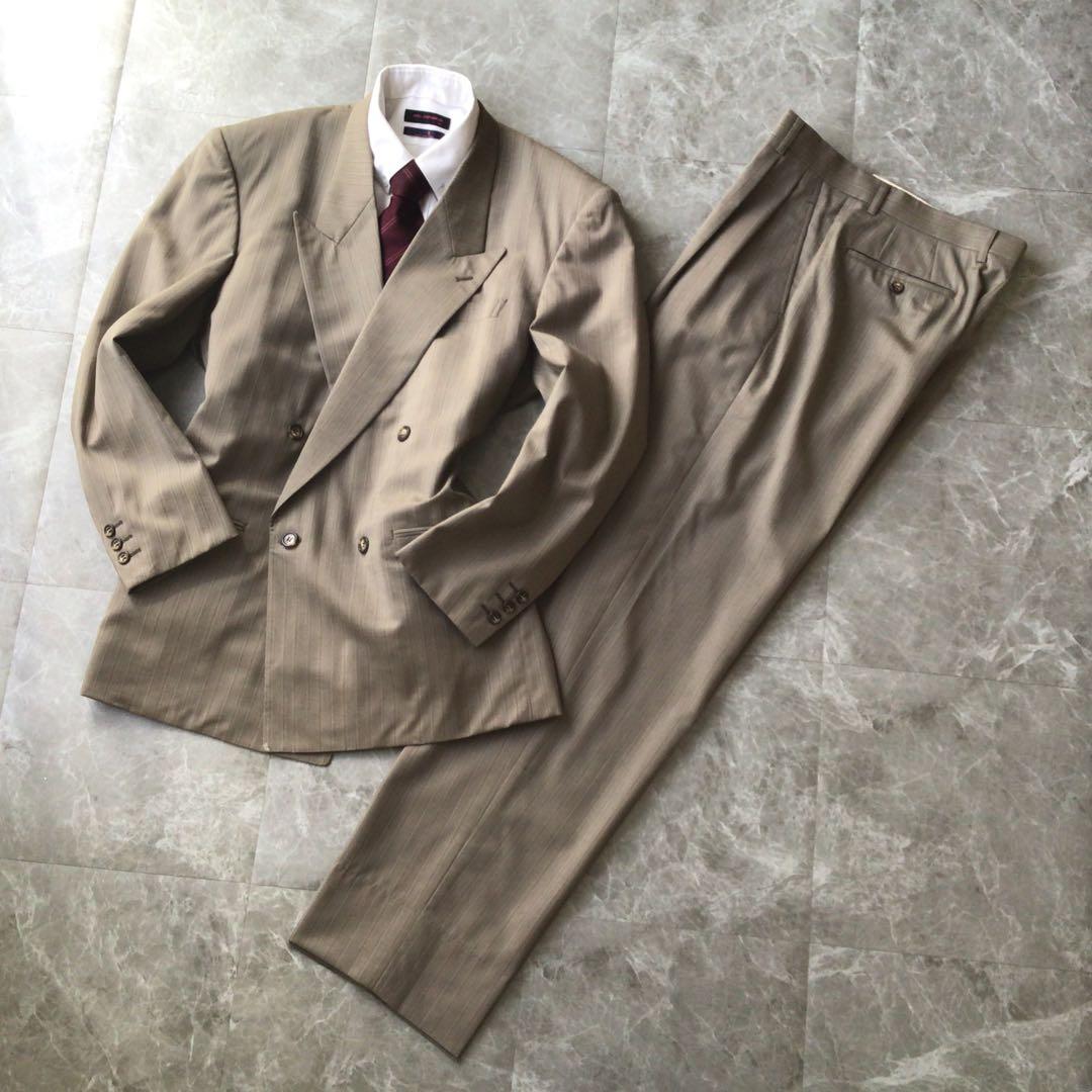 Vintage Double Breasted Suit Setup Gray Stripe L