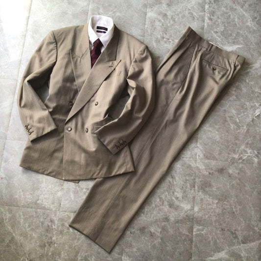 Vintage Double Breasted Suit Setup Gray Stripe L