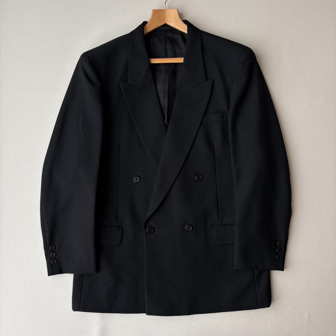 [vintage] Double breasted plain black setup adjuster mohair L