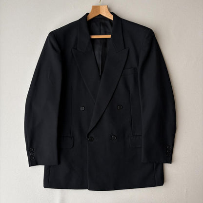 [vintage] Double breasted plain black setup adjuster mohair L