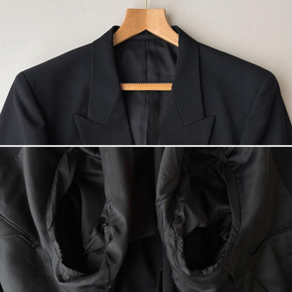 [vintage] Double breasted plain black setup adjuster mohair L