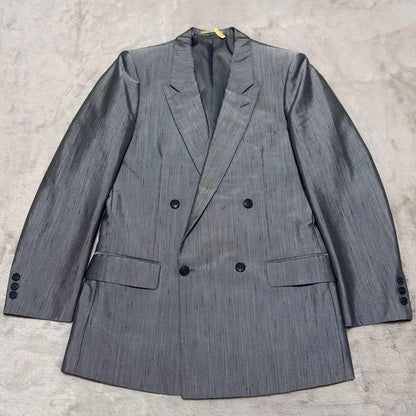 Good condition shiny silver double breasted setup top and bottom suit L vintage
