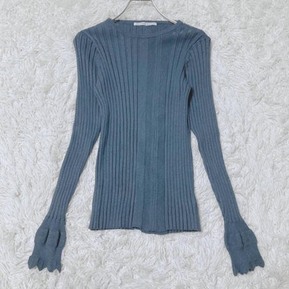 KBF Knit Wide Rib Flare Sleeve Casual Simple Blue