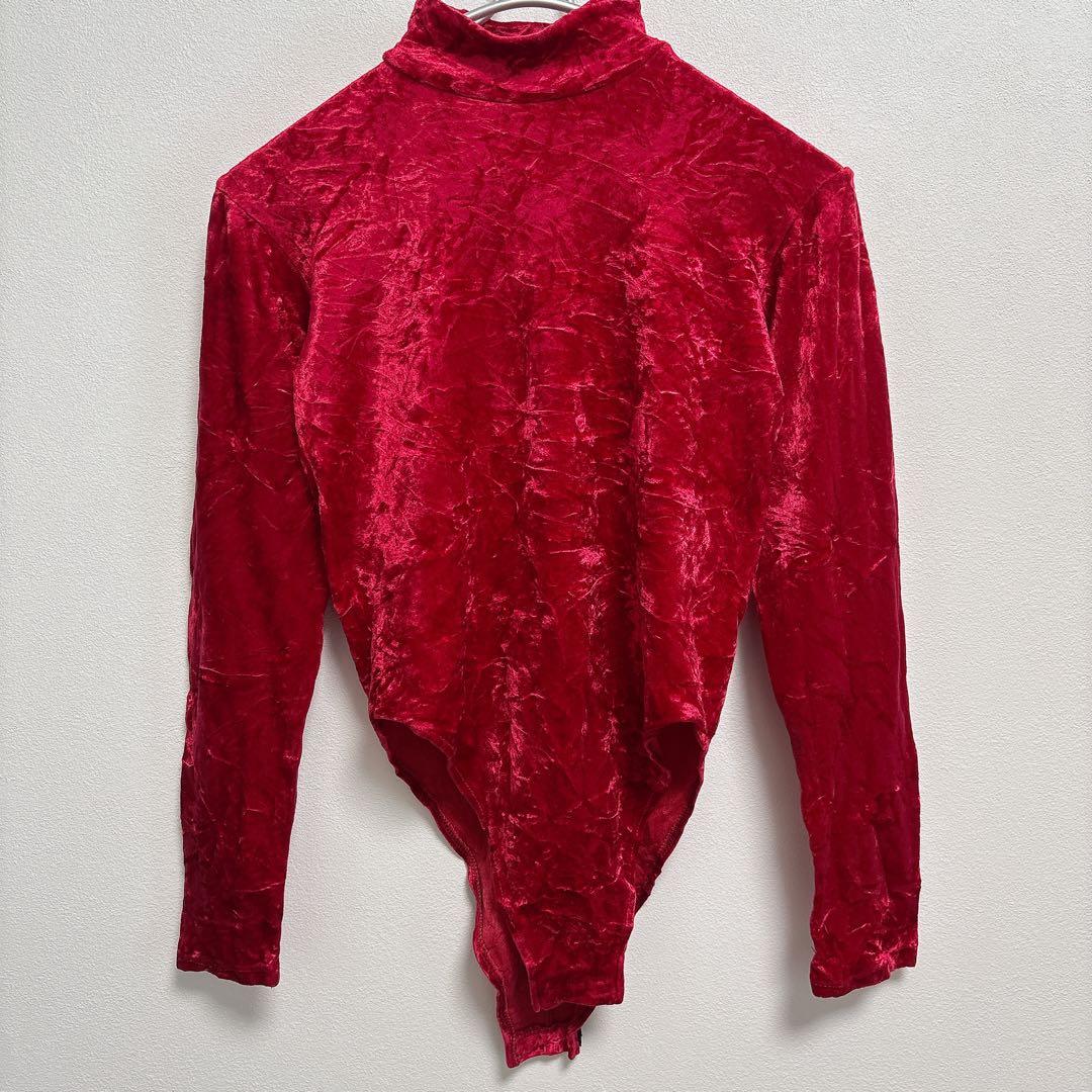 BEM'S [S] Red Turtleneck Bodysuit Velor Style Simple Plain