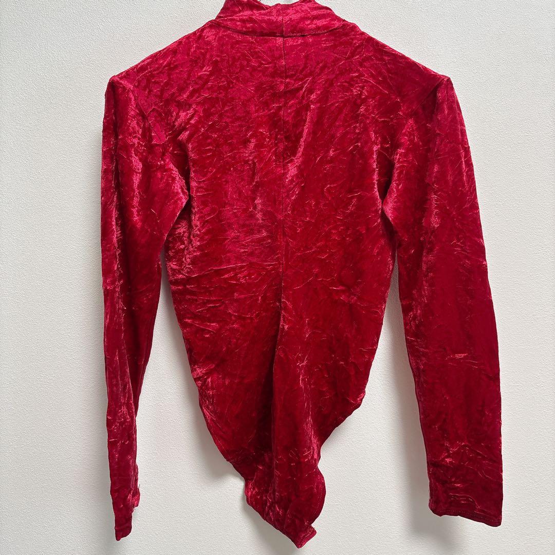 BEM'S [S] Red Turtleneck Bodysuit Velor Style Simple Plain