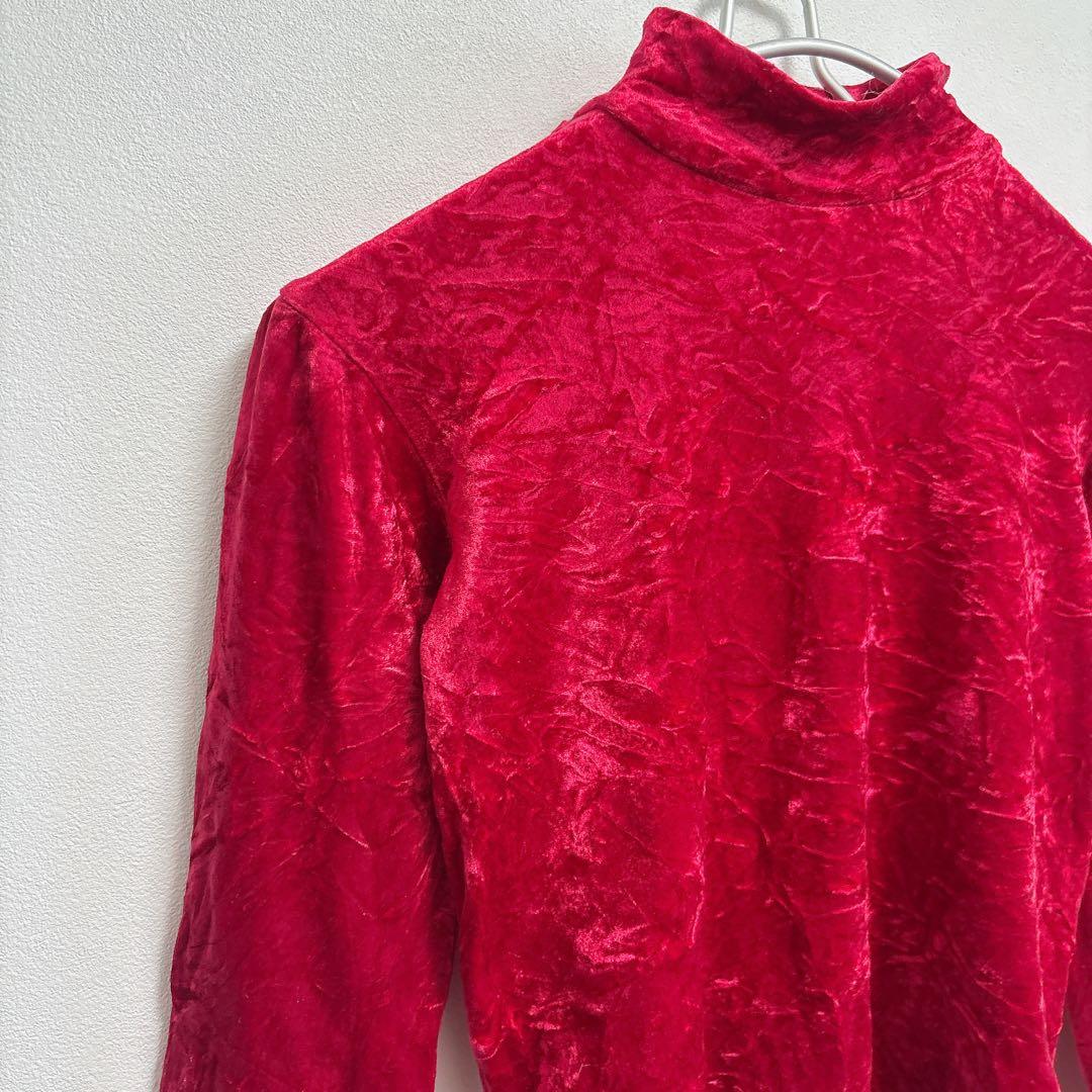 BEM'S [S] Red Turtleneck Bodysuit Velor Style Simple Plain