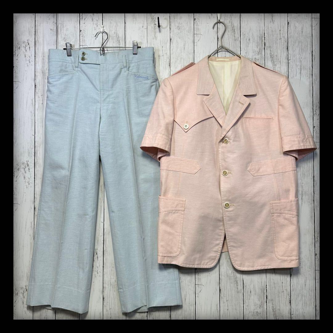 [Rare☆VINTAGE☆Short sleeve suit☆Setup] Pink Light blue M