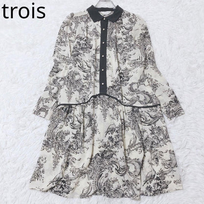Trois Retro One Piece Waist Switch Gather Beige Allover Pattern Feminine