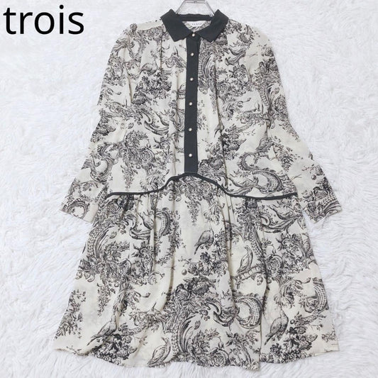 Trois Retro One Piece Waist Switch Gather Beige Allover Pattern Feminine
