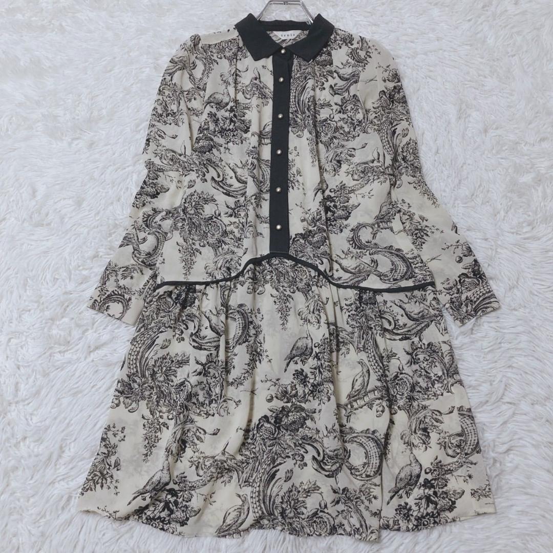 Trois Retro One Piece Waist Switch Gather Beige Allover Pattern Feminine